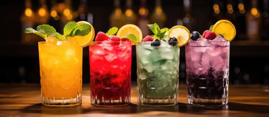 A lineup of vibrant and nutritious fruit-infused drinks displayed on a table, showcasing a variety of colors and flavors. Each drink is distinct and ready to be enjoyed by customers or guests.