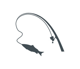 Fishing and active hobby. Fishing spining rod with fishing line. Leisure. Оutdoor recreational. Simple black emblem, icon silhouette on white background. Vector illustration flat design. Isolated. - obrazy, fototapety, plakaty