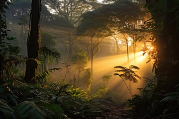 Beautiful misty sunrise in the rainforest