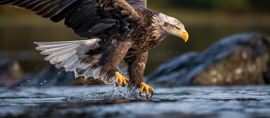 A bald eagle, also known as a white-tailed eagle, is landing on a body of water after capturing a young coal fish. The eagles majestic wings are outstretched, and its sharp talons are poised to touch