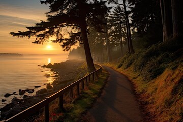 Sunset at the seaside in the morning with trees and path