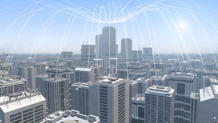 Fototapeta premium Smart City And Futuristic Communication Network. Big Data Forming An Arch Over Developed City. Futuristic Network And Technology Concept.