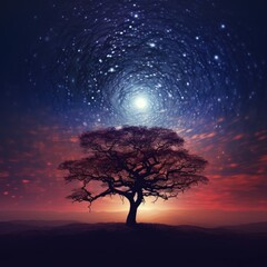 Lonely tree on the background of the night sky with stars