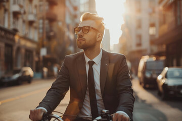 businessman in suit traveling through the city with her bicycle