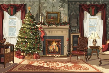 Living room home interior with decorated fireplace and Christmas tree, vintage style. Christmas Holidays. Christmas Card.