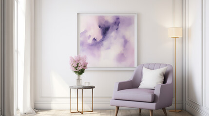 Chic Lavender Armchair in Bright Room with Elegant Purple Watercolor Painting on Wall