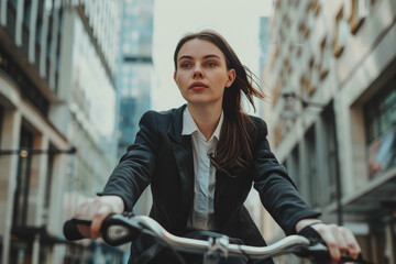 businesswoman in suit traveling through the city with her bicycle