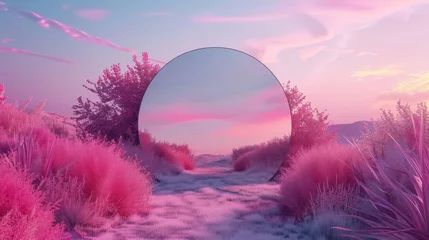 Photo sur Plexiglas Rose clair A surreal landscape with a pathway lined by pink grass leading towards a circular sunset, evoking a dream-like quality.