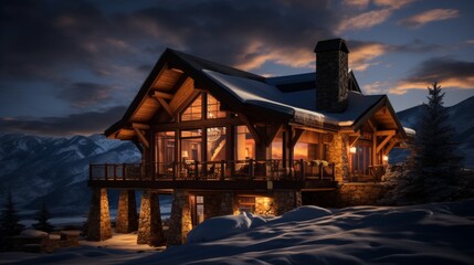 Scenic winter cabin covered in snow with smoke rising from chimney and warm glow through windows