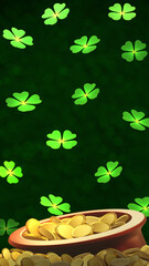 3D rendering vertical illustration of St. Patrick's Day background with a pot of gold, falling four-leaf clovers, and gold coins on a blurred green background. 3D digitally rendered image.