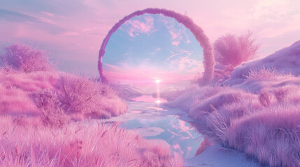 A surreal landscape with a pathway lined by pink grass leading towards a circular sunset, evoking a dream-like quality.