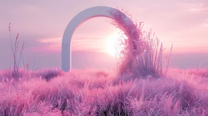 Photo sur Aluminium Rose clair A surreal landscape with a pathway lined by pink grass leading towards a circular sunset, evoking a dream-like quality.