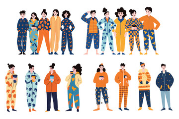 people wearing pajamas collection flat style on background