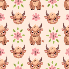 Cute highland cow seamless pattern with flower and leaf. Adorable childish background with cheerful baby animal. Pastel colored repeat vector illustration for dairy products, decoration, fabric - obrazy, fototapety, plakaty