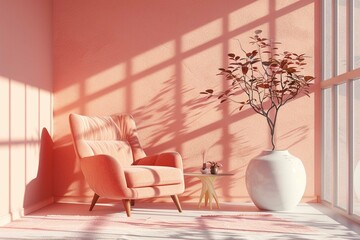 Peach fuzz ,empty room ,minimal interior Livingroom. peach color paint wall. color of the year 2024 . Mockup background. 3d render