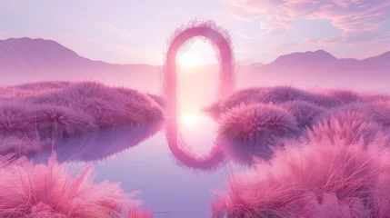 Foto op Canvas A surreal landscape with a pathway lined by pink grass leading towards a circular sunset, evoking a dream-like quality. © Paphawin