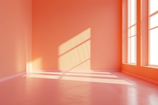 Peach fuzz ,empty room ,minimal interior Livingroom. peach color paint wall. color of the year 2024 . Mockup background. 3d render