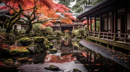 Foto auf Acrylglas Majestic japanese garden with bonsai trees, koi ponds, and stone pathways for a serene landscape. © Philipp
