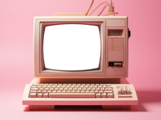 A retro computer with a transparent background in the monitor, PNG banner illustration. Post-processed generative AI	