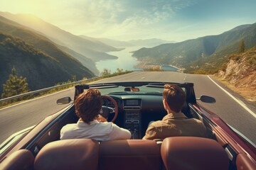 Scenic mountain road drive in a convertible, adventurous journey, summer travel, landscape view