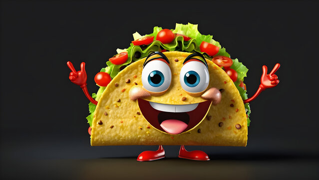 a cartoon character with a happy face and funny tacos on a black background. cartoon tacos illustration. Cute Cartoon Taco Character (Created with Generative AI)