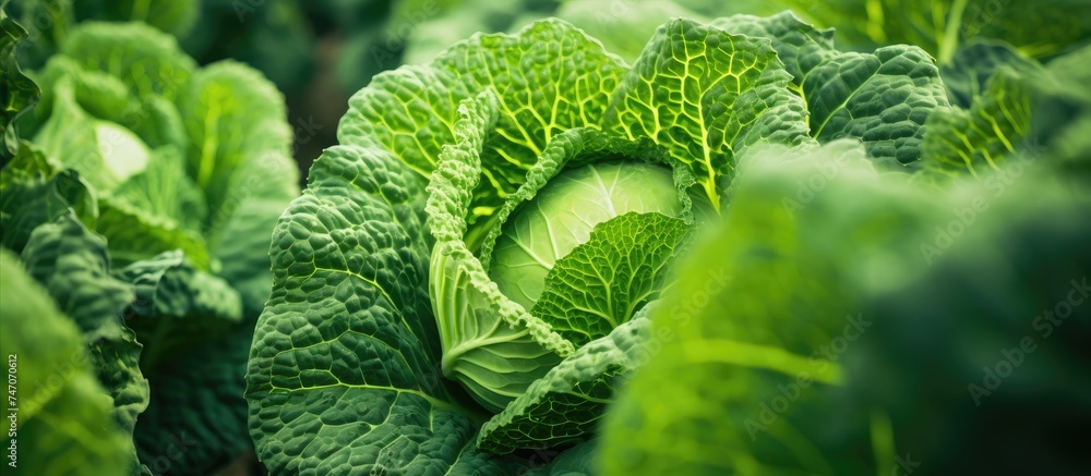 Sticker This close-up showcases the intricate details of a vibrant green Savoy cabbage leaf in an open vegetable field. The leaf appears fresh and healthy, featuring a unique texture and color.