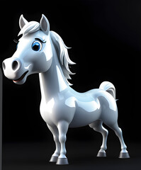 a cartoon character with a happy face and funny white horse on a black background. white horse portrait. 