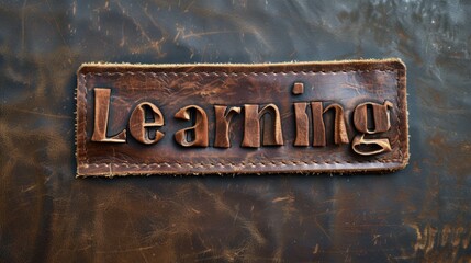 Rustic Leather Education concept creative horizontal art poster. Photorealistic textured word Learning on artistic background. Ai Generated Knowledge and Tutoring Horizontal Illustration.