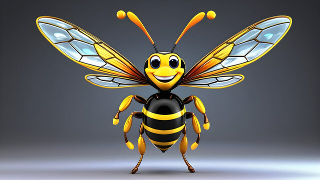 a cartoon character with a happy face funny wasp on a black background. bee and honey