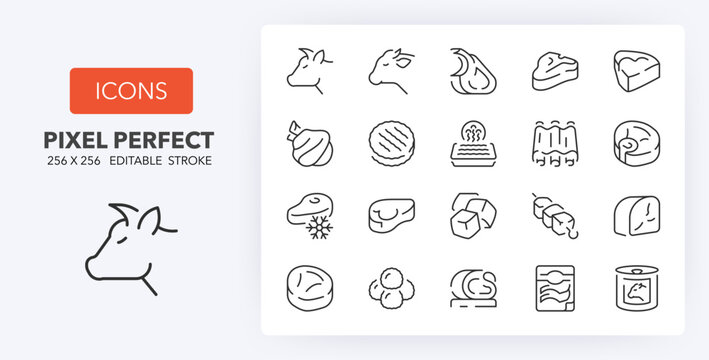 Cow and veal meats products, thin line icon set. Outline symbol collection. Editable vector stroke. 256x256 Pixel Perfect scalable to 128px, 64px...