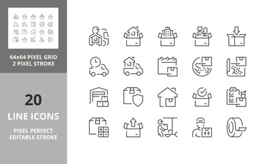 Line icons about moving services. Editable vector stroke. 64 and 256 Pixel Perfect scalable to 128px...
