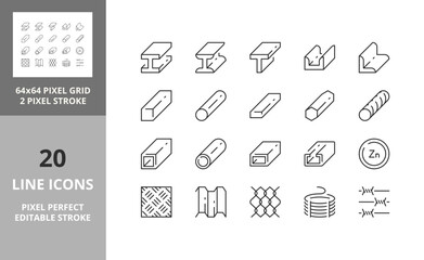 Line icons about steel products. Editable vector stroke. 64 and 256 Pixel Perfect scalable to 128px...