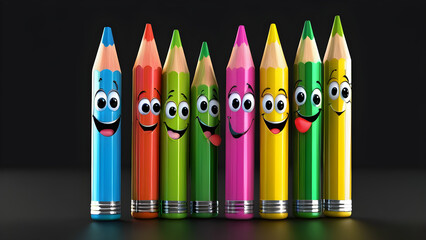 a cartoon character with happy faces and funny pencil writing on a black background