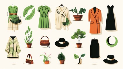 Illustration of women's clothing and accessories, with a white background, and flowers in a vase