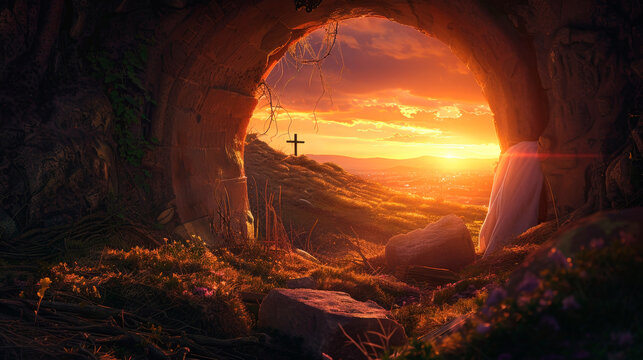 Resurrection Morning: The Empty Tomb of Christ at Sunrise, Symbolizing Easter's Promise