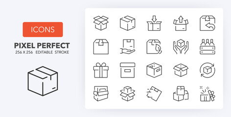 Delivery boxes and package, thin line icon set. Outline symbol collection. Editable vector stroke. 256x256 Pixel Perfect scalable to 128px, 64px...