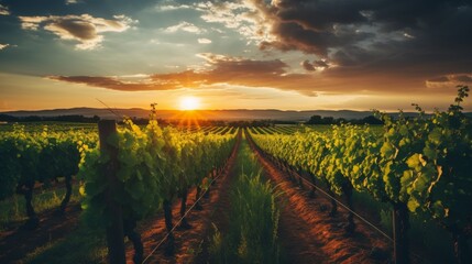 Sunlit vineyard landscape with rows of grapevines, promising rich flavors of fine wine.