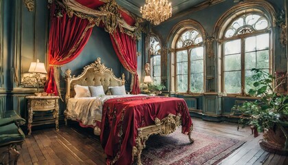 Ornate bed with red canopy and sheets in a cozy, dimly lit room with antique charm, Ai Generate  - obrazy, fototapety, plakaty