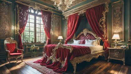 Ornate bed with red canopy and sheets in a cozy, dimly lit room with antique charm, Ai Generate  - obrazy, fototapety, plakaty
