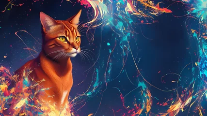 Foto op Aluminium An Abyssinian cat on a blue background with paint splashes © 2Hivelys Art