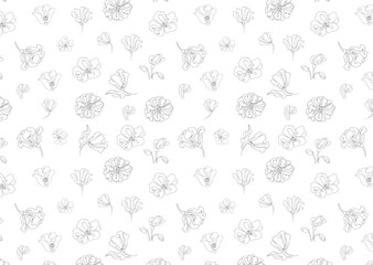 Seamless pattern Poppy flower one continuous line art. Decoration blossom botanical floral element. Vector doodle isilated illustration.