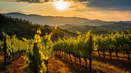 Naklejka premium Scenic tuscan vineyard with grapevines in golden sunlight and rolling hills landscape