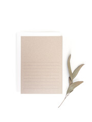 Card mockup craft paper with eucalyptus leaves branch with envelope. Flat lay, top view