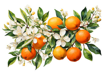A watercolor botanical painting of a citrus branch with oranges, on a transparent background.