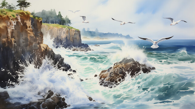 A captivating watercolor scene of a rocky coastal cliff with crashing waves and seagulls in flight. Watercolor painting illustration.