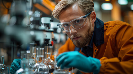 A dedicated male scientist with glasses closely examines Focused Scientist Analyzing Samples in Research Lab