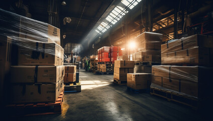 Conveyor belt full of boxes, parcels inside of a warehouse distribution center, Supply Chain in Motion: Boxes on a conveyor belt inside a well-illuminated warehouse setting. Online shopping delivery. - obrazy, fototapety, plakaty
