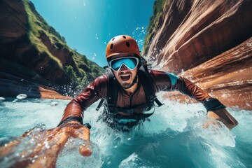 Canyoning extreme sport. canyoning expedition, popular trails, hard impressive spot. Travelling group exploring a wild untamed river canyon with energy, freedom and adrenaline - obrazy, fototapety, plakaty