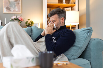 Sick sad man sits on couch at home suffers from runny nose flu disease coronavirus pandemic covid...