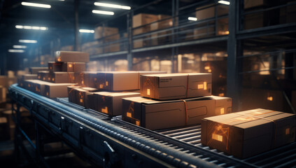 Conveyor belt full of boxes, parcels inside of a warehouse distribution center, Supply Chain in Motion: Boxes on a conveyor belt inside a well-illuminated warehouse setting. Online shopping delivery.